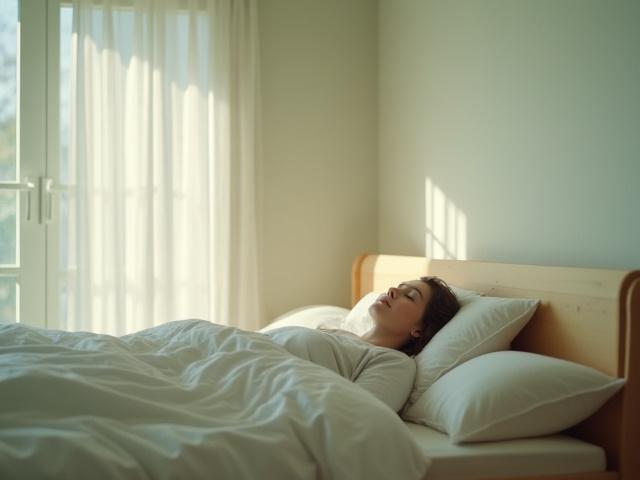 A person sleeping soundly in a comfortable, minimalist bedroom, emphasizing restorative sleep
