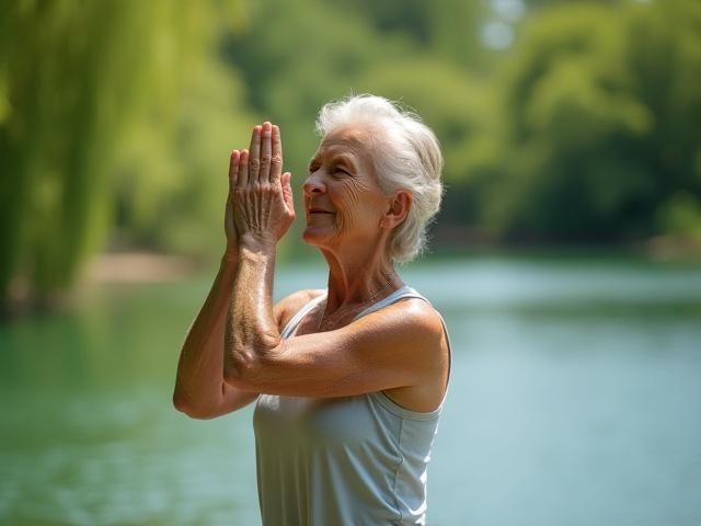 An older adult gently stretching outdoors, demonstrating healthy mobility and flexibility