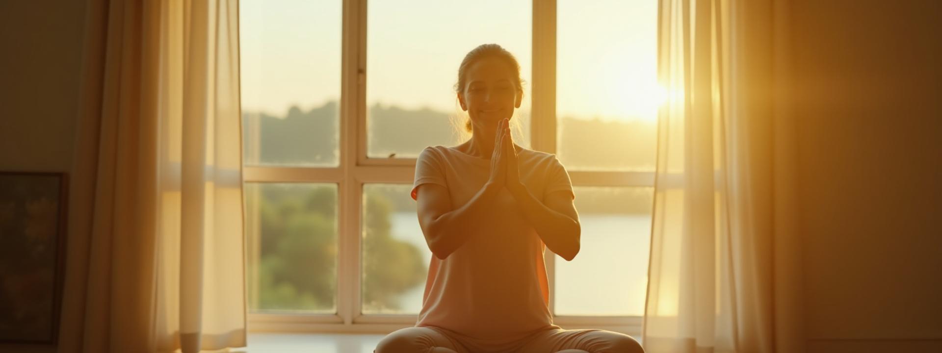 A serene woman practicing gentle yoga by a sunlit window, representing balance and inner peace