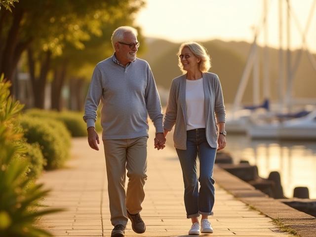 Two older adults joyfully walking hand-in-hand along a scenic beach path, conveying active aging and confidence.