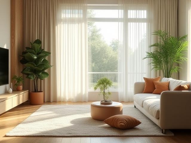 A tranquil living room with soft textiles, a small indoor water feature, and plants, designed for peaceful acoustics