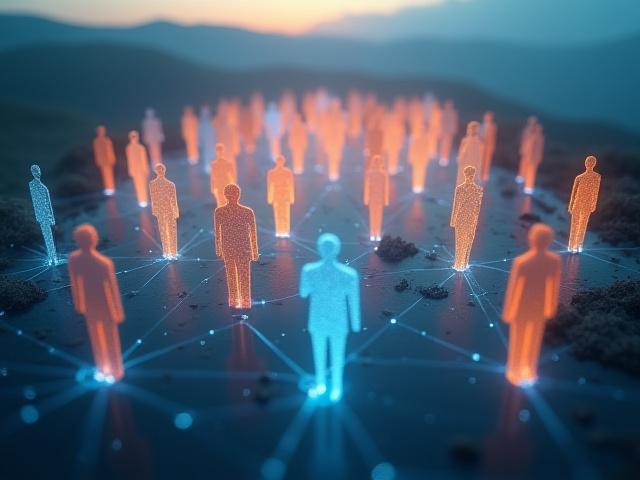 Stylized graphic representing a network of people connecting and supporting each other in a wellness community.