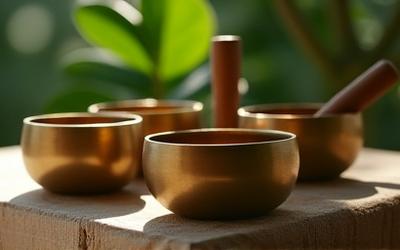 Close-up of singing bowls for sound therapy